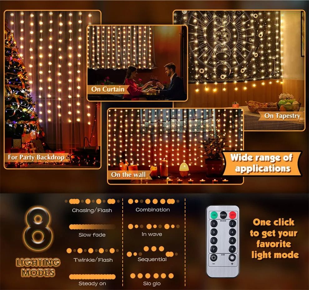 USB LED Curtain String Lights with Remote 8 Lighting Modes
