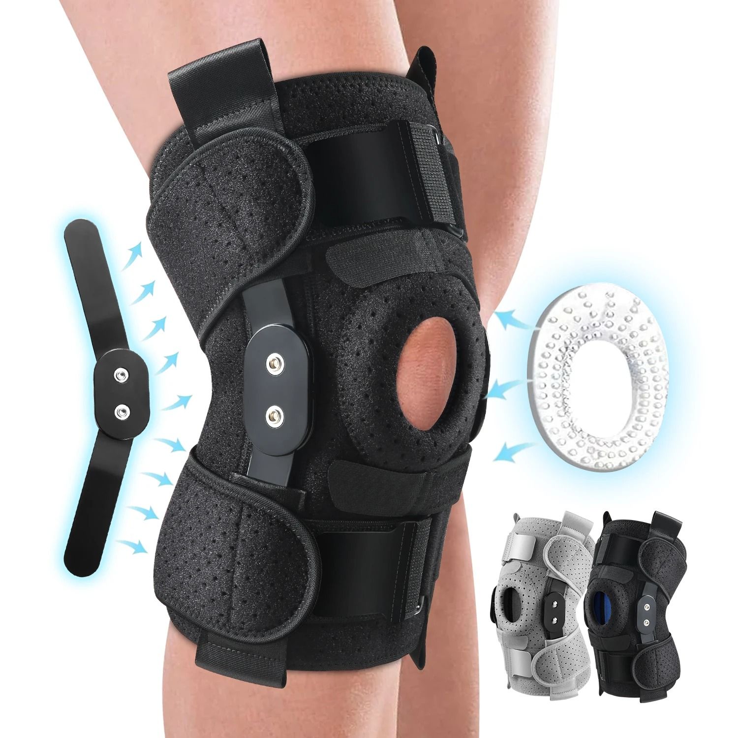 Hinged Knee Support Brace with Side Stabilizers and Gel Pads
