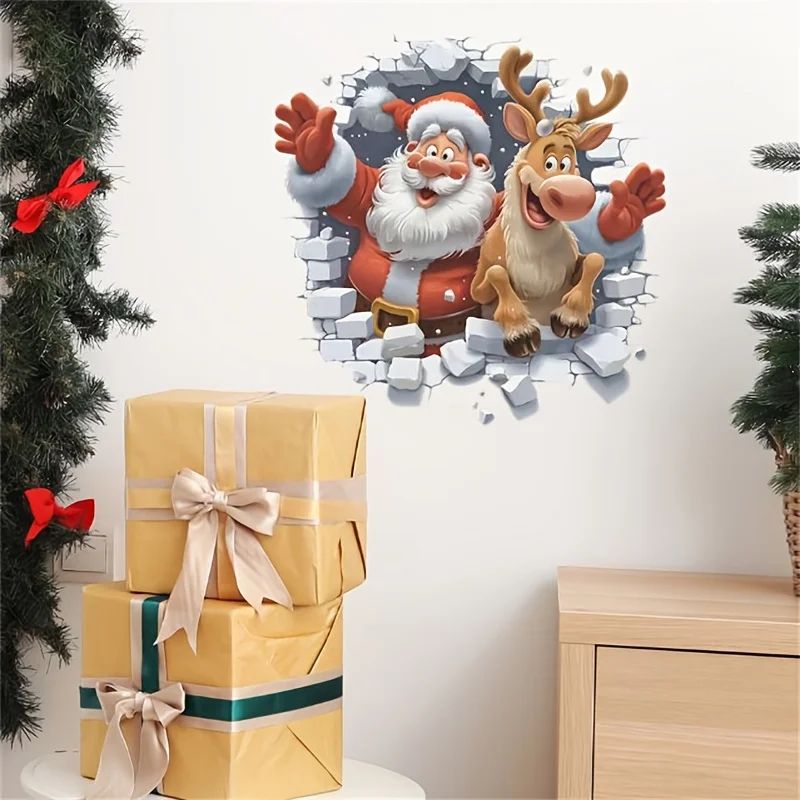 Festive 3D Santa & Rudolf Christmas Wall Stickers – Removable Self-Adhesive Holiday Window & Wall Decals