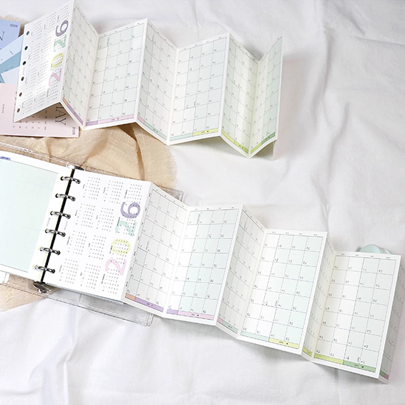 Calendar Colorful Yearly Monthly Planner Refills, Calendar Fold Design Loose Leaf Paper, Reusable Planner Pages