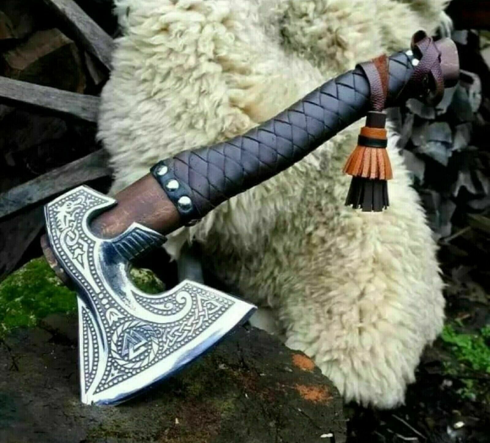 Handmade Engraved Viking Axe | 19 Inch High Carbon Steel Blade with 6 Inch Edge | Free Premium Leather Sheath