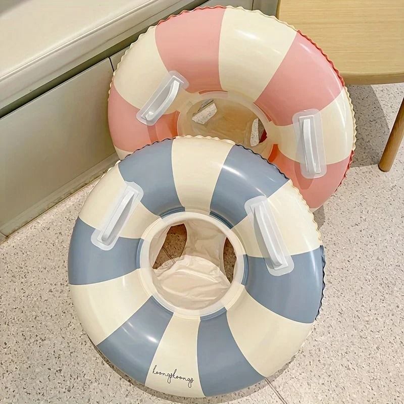 Vintage Striped Inflatable Swimming Ring – Durable PVC Pool Float with Handles for Kids