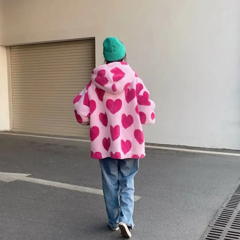 Harajuku Heart Print Plush Jacket, Women's Winter Korean Streetwear, Thick Warm Hooded Coat, Couple Outerwear