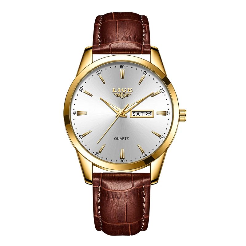 LIGE Executive Waterproof Men's Leather Quartz Watch with Luminous Date & Week Display