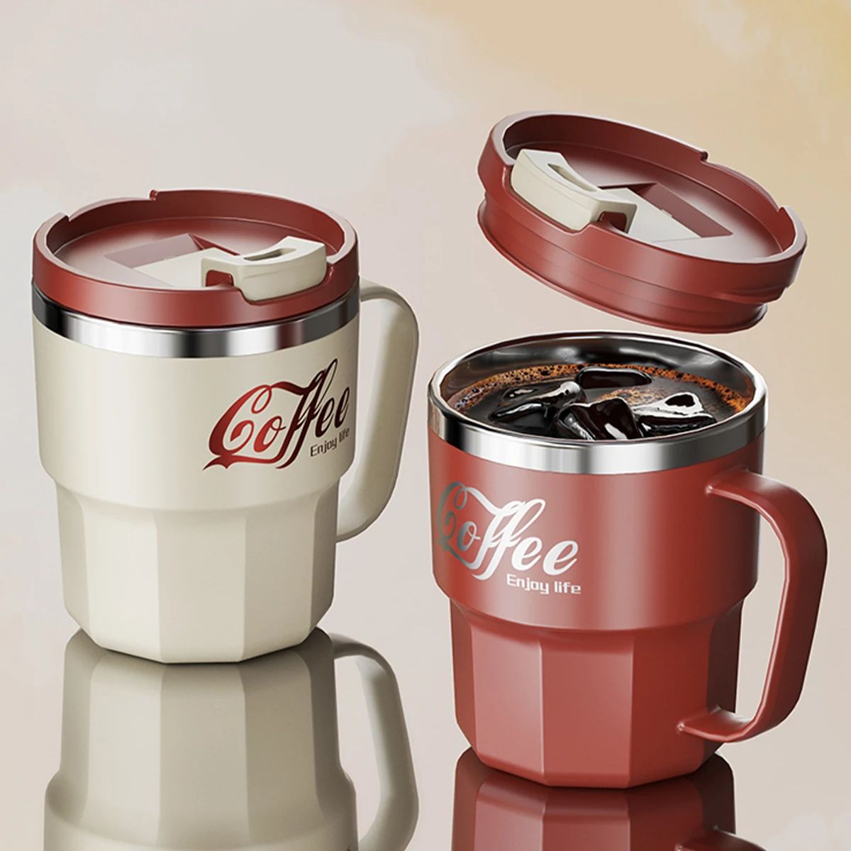 WORTHBUY 304 Stainless Steel Insulated Coffee Mug with Lid & Handle – Double Wall Reusable Travel Cup