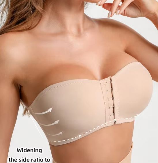 Women's Black Front-Buckle Wireless Strapless Ice Silk Bra with Removable Padding