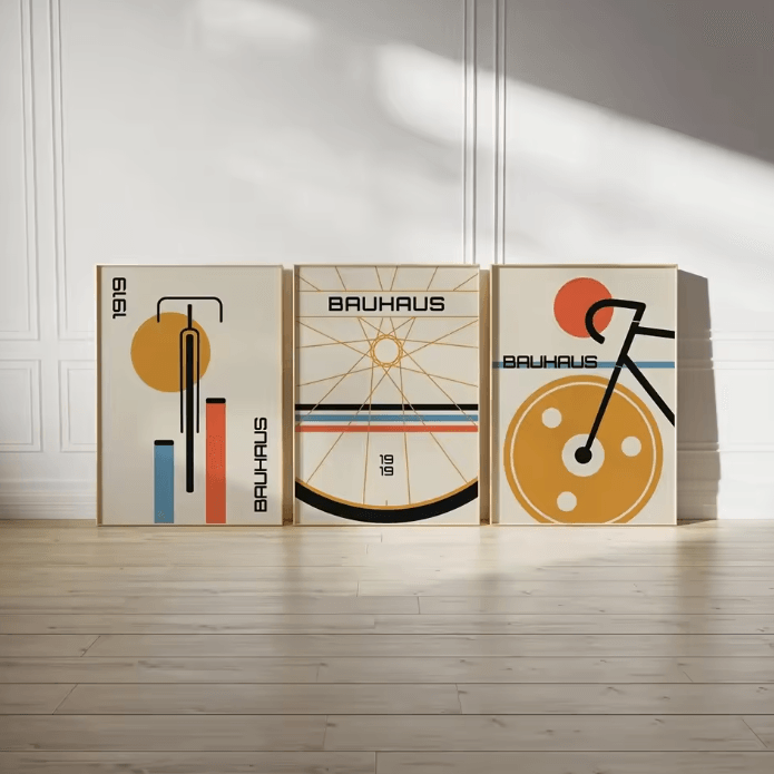 3-Piece Bauhaus Bicycle Canvas Wall Art Set – Mid Century Modern Abstract Decor