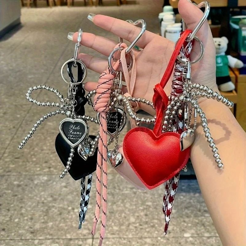 Trendy Leather Heart Bow Delicate Beaded Keychain
