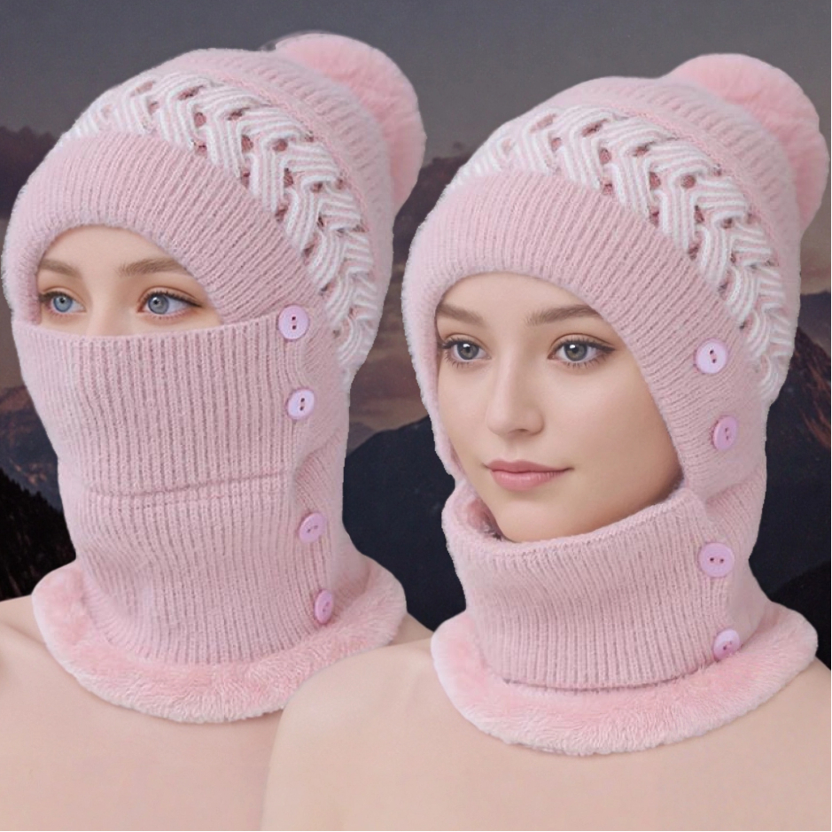 Windproof Coldproof Thicken Balaclava Cap, Plush Fur Lined New Style Female Pompoms Winter Hat, Keep Warm for Women