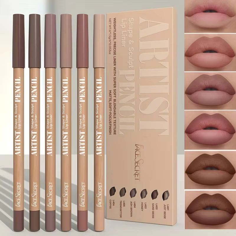 6-Piece Velvet Matte Lip Liner Pencil Set Long-Lasting Waterproof Definition