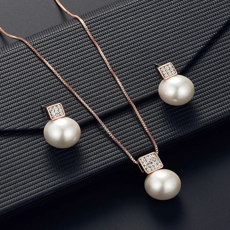 2 PCS Imitation Pearl Pendant Necklace and Earring Stud Set Silver Color Snake Chain Crystal Jewelry