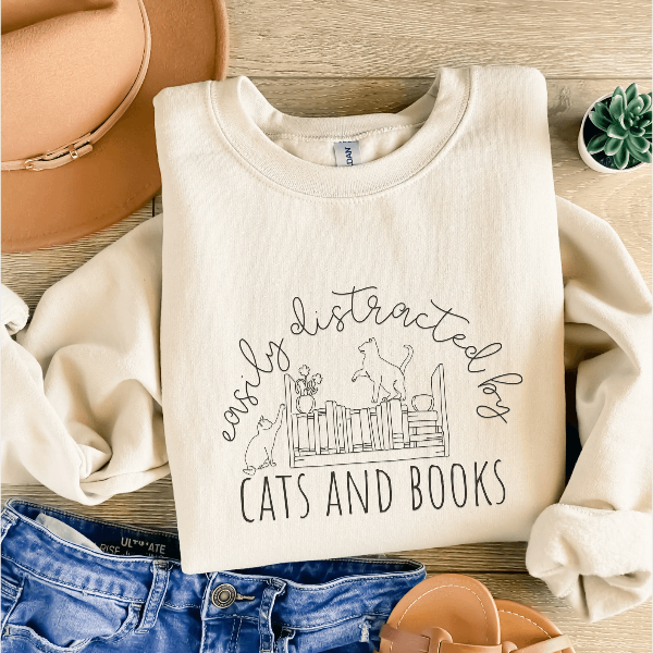 Cute Cat Bookish Sweatshirt for Women Book Lover Cat Reading Crewneck Funny Bookworm Pullover