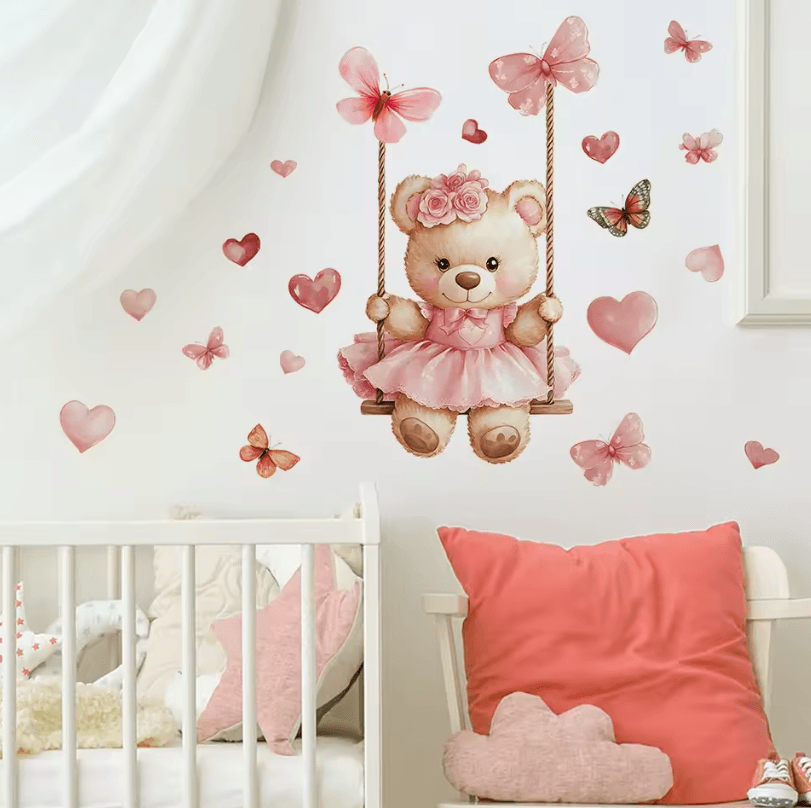Cute Bear Swing Wall Stickers with Butterflies – Peel & Stick Kids Room Decor Decals