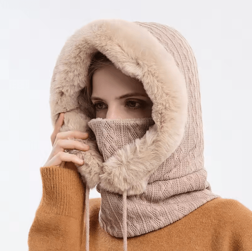 Women Winter Hooded Balaclava Hat with Neck Warmer Knitted Plush Windproof Cap