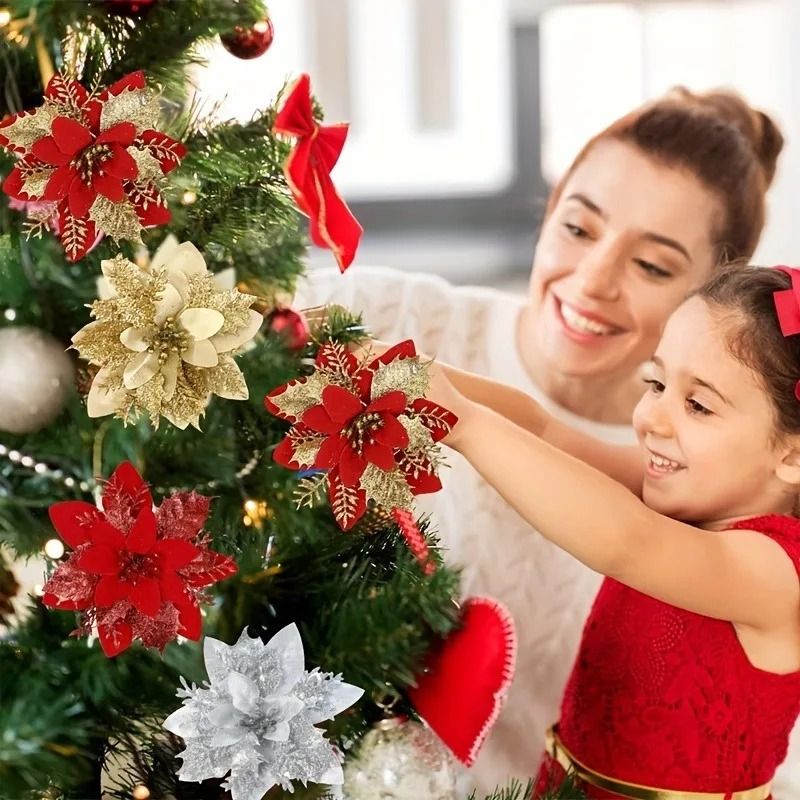 Glitter Artificial Flowers 14cm Fake Christmas Flowers Tree Ornament Holiday Decoration