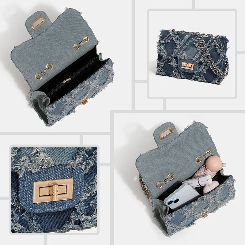 Trendy Shredded Denim Diamond Crossbody Chain Bag
