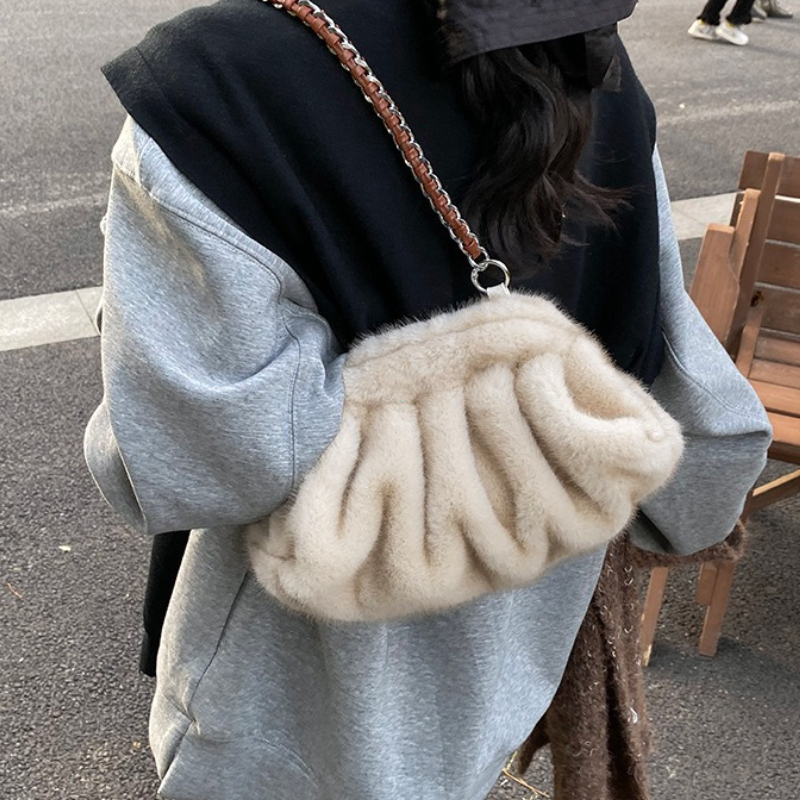 Luxury Faux Fur Shoulder Bag Soft Plush Hobo Winter Designer Tote