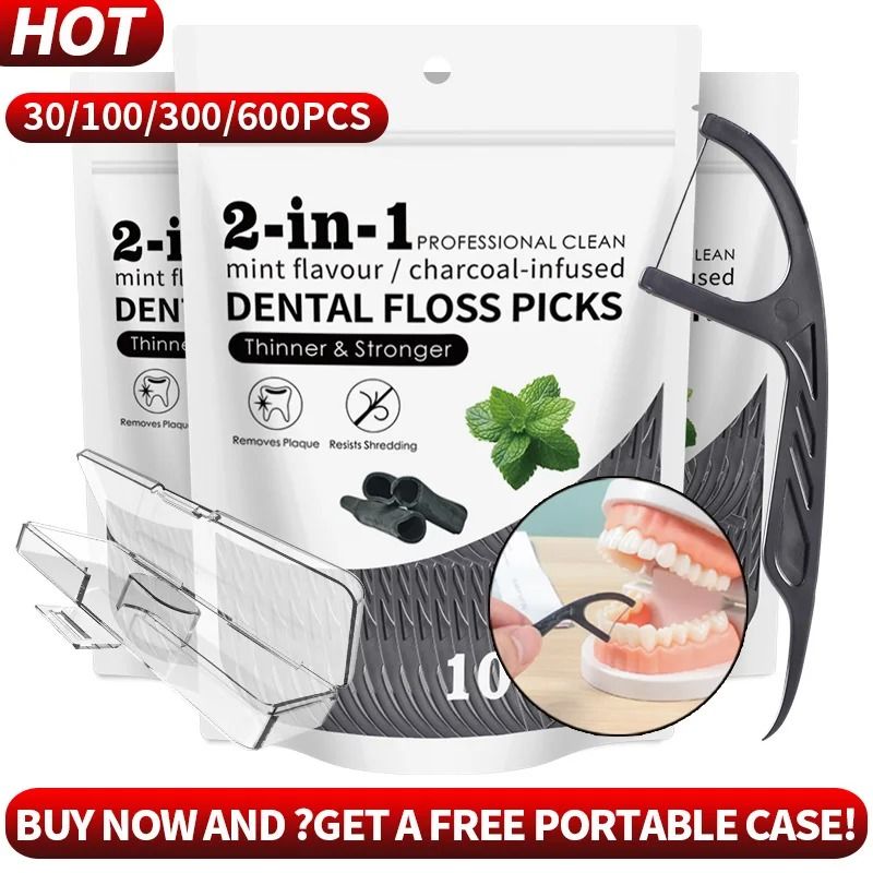 2-in-1 Bamboo Charcoal Mint Dental Floss Sticks High Performance Interdental Cleaning Tool