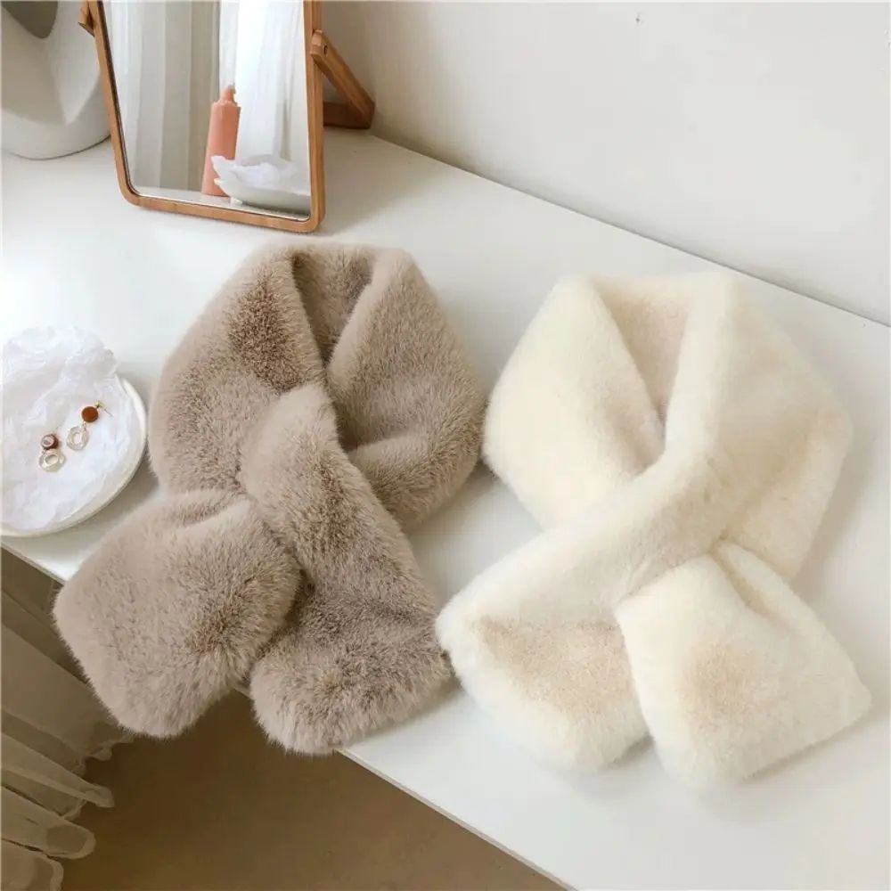 Plush Cross Faux Rabbit Fur Scarf for Women – Soft Winter Neck Warmer Collar