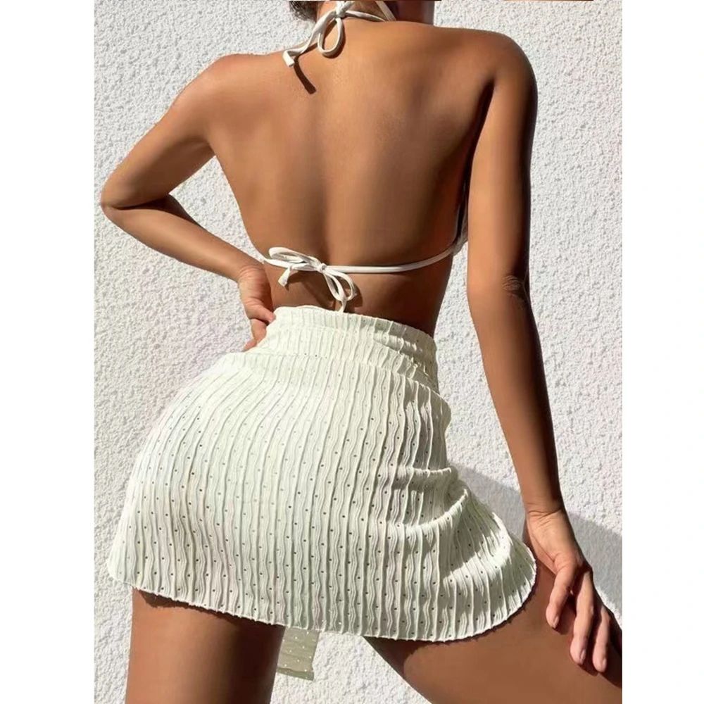 Halter Thong Bikini Set with Sarong Skirt