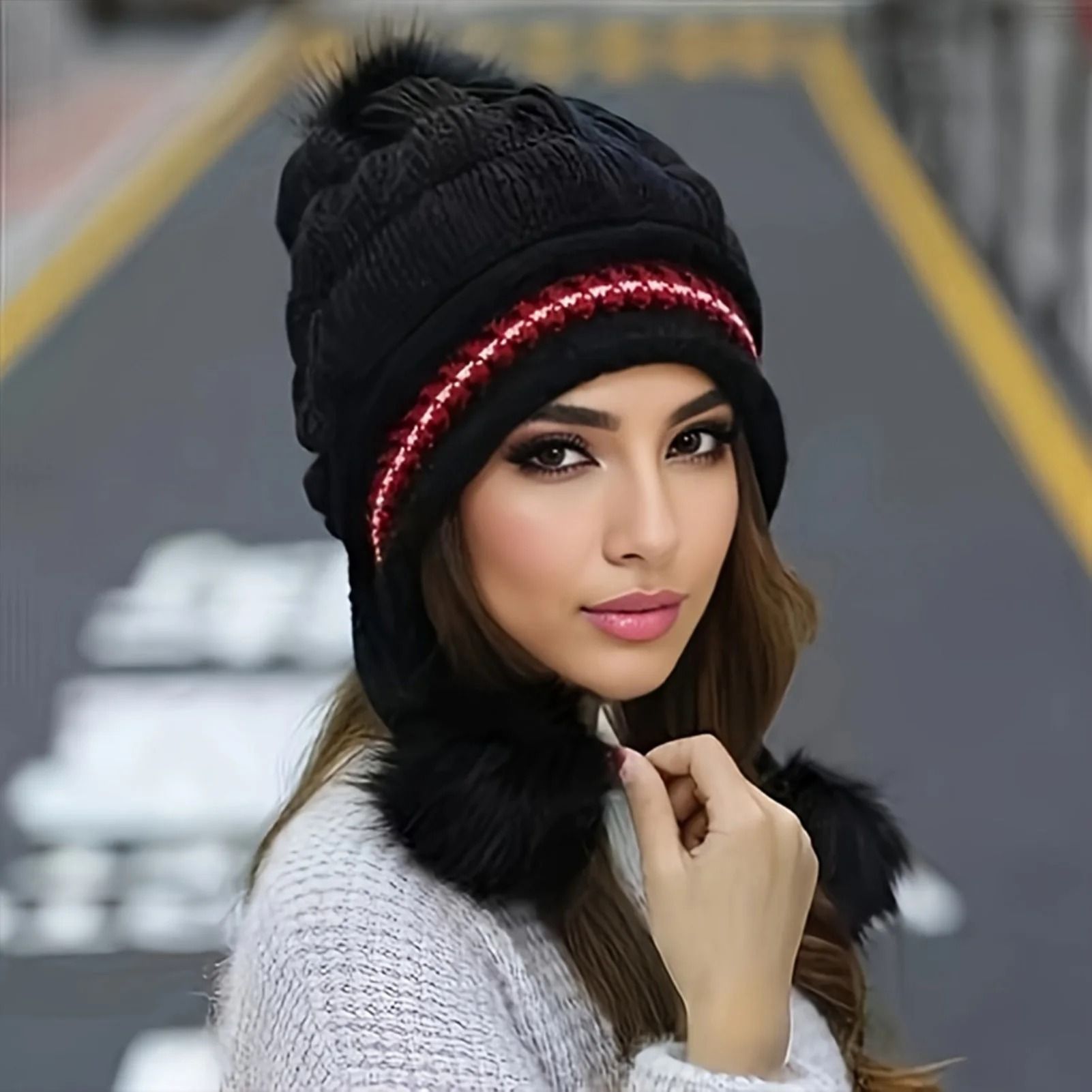 Women Winter Fleece Lined Fur Earflap Beanie Hat