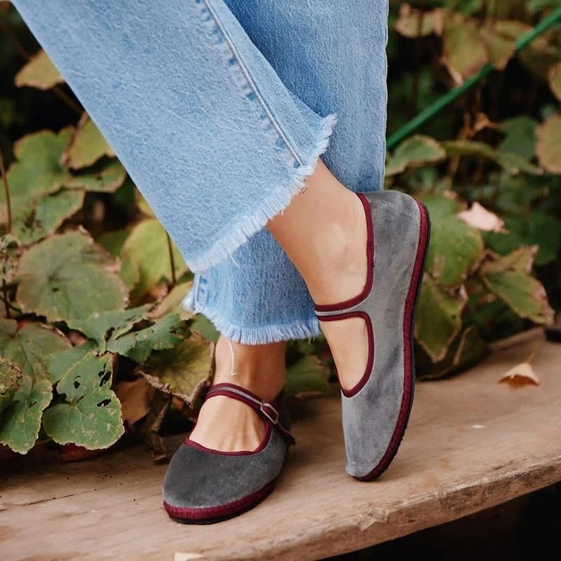 Gray Mary Jane Flats Women Round Toe Velvet Ballet Loafers Soft Comfortable