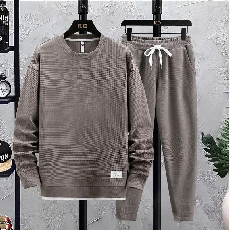 Men Summer Waffle Casual T-Shirt and Pants Set Loose Sports Tracksuit