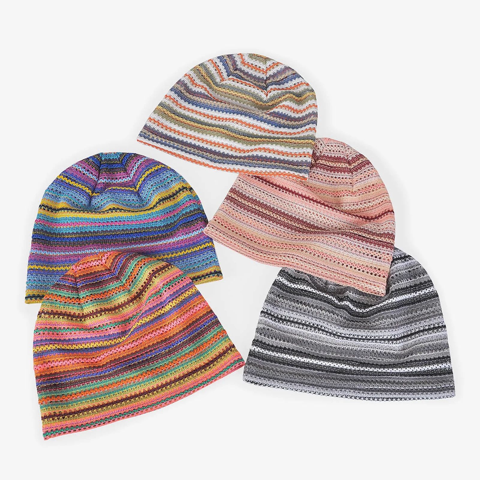 Soft Breathable Summer Beanie Hat, Striped Openwork Knit Cap for Men & Women, Lightweight Travel Outdoor Sun-Friendly