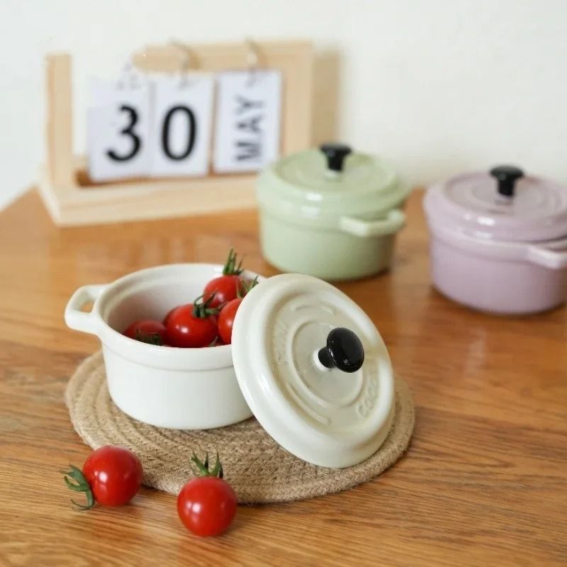 200ML Mini Ceramic Casserole Dish – Oven Safe Ramekin with Lid & Handles