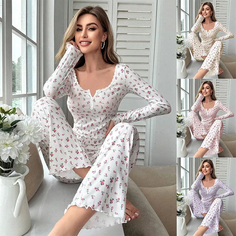 Women Floral Print Long Sleeve Pajama Set with Lettuce Trim