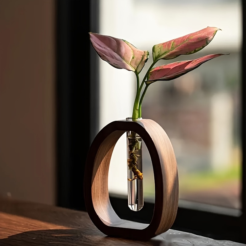 Walnut Wood Hydroponic Vase with Glass Tube Minimalist Plant Propagation Vase Decor