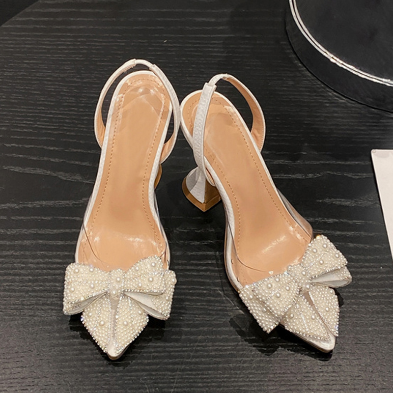 Elegant Liyke Fashion Design White Pearl Bowknot Women Pumps, Transparent PVC High Heels for Wedding, Party & Prom Night