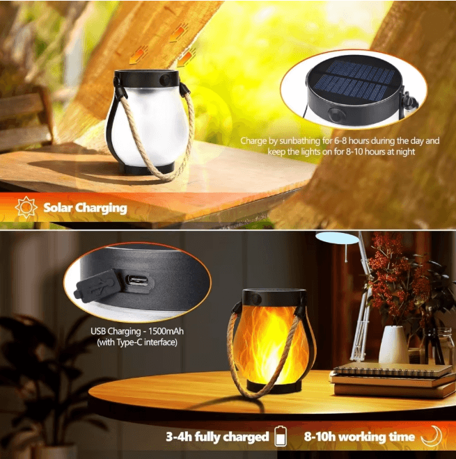 FlameGlow Solar Flickering Lantern with USB Charging