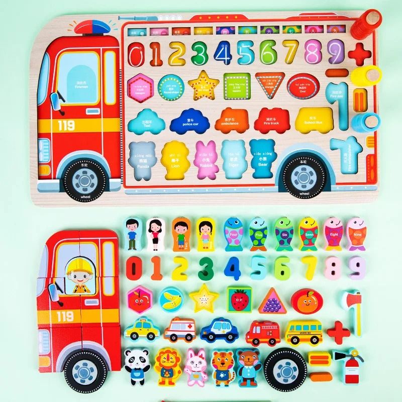 Montessori Wooden Fire Truck Busy Board Math Fishing Learning Toy