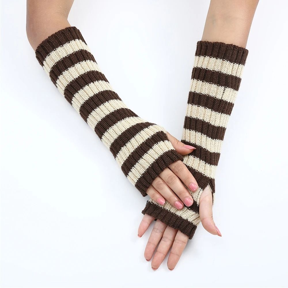 Gothic Striped Fingerless Arm Warmers - Harajuku Y2K Knit Sleeves
