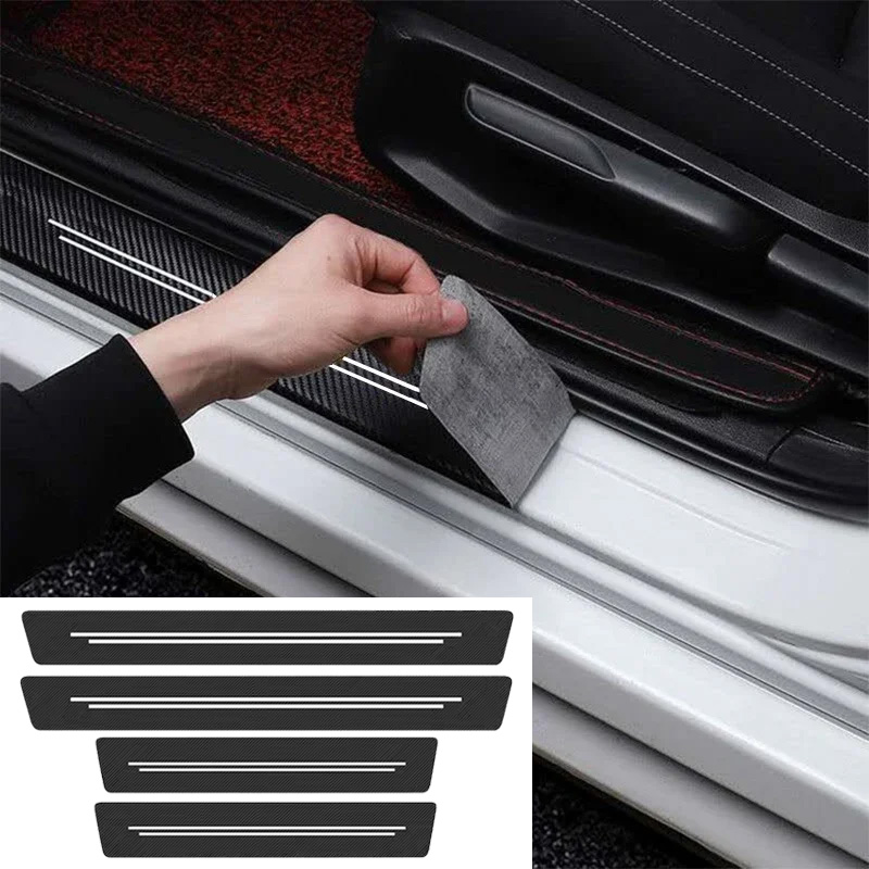 Carbon Fiber Car Door Sill Guard, Universal Anti-Scratch Protection Strip, Decorative Leather Sticker for Auto Interior