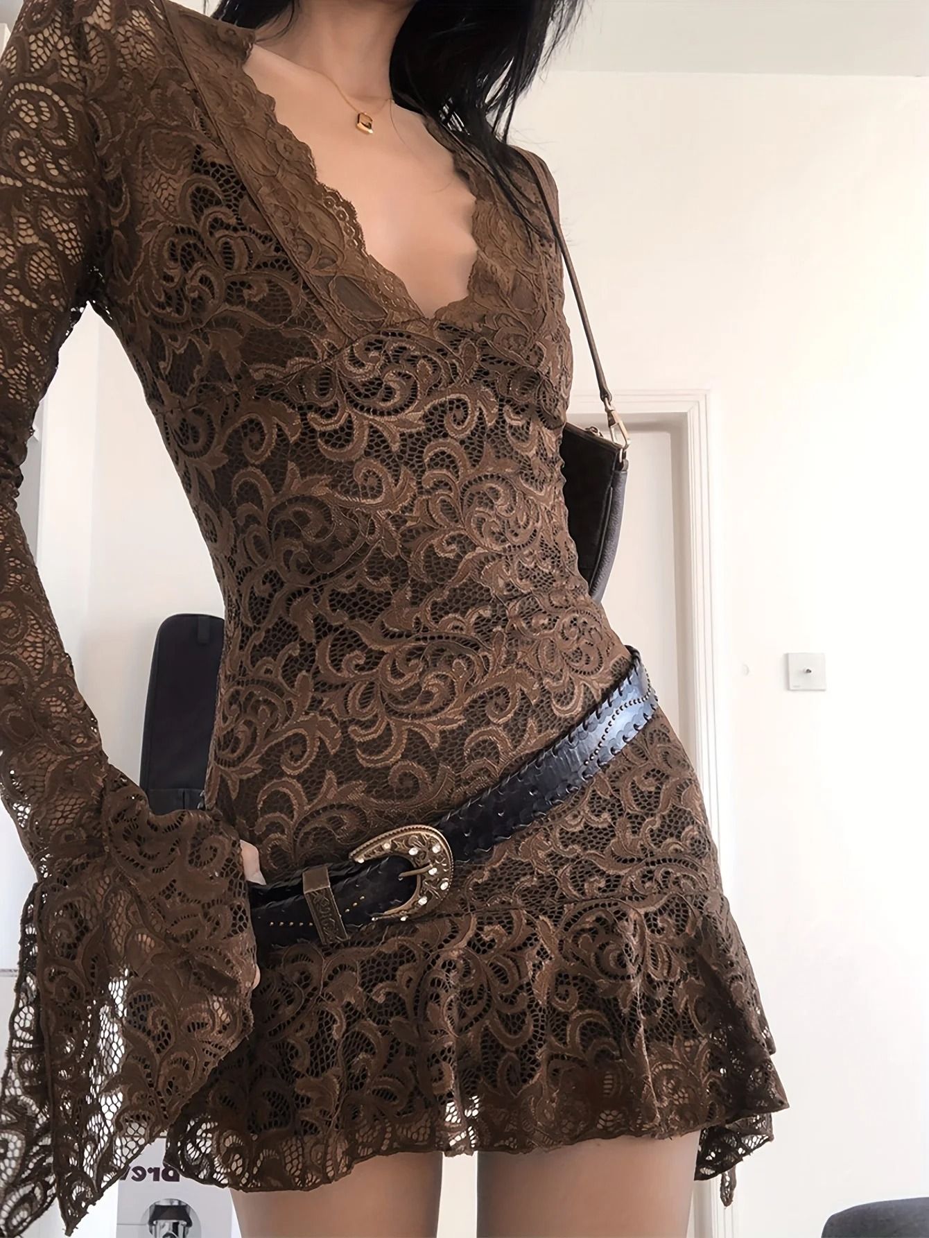 Summer Y2K Sheer Mesh Lace Bodycon Dress Flared Long Sleeve V-Neck Mini Party Club Evening Dress
