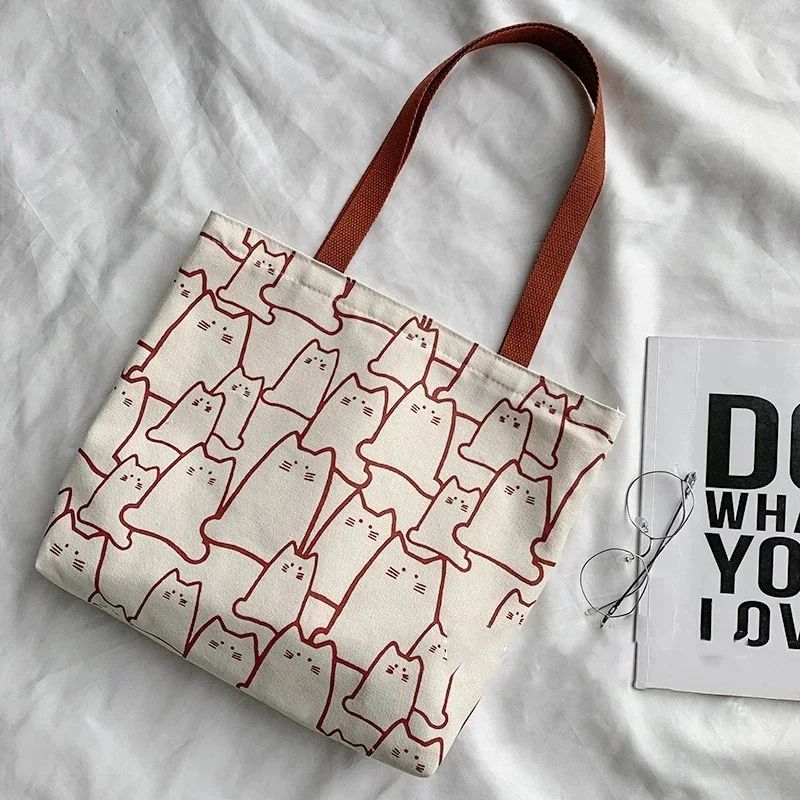 Cute Cat Canvas Tote Bag, Japanese Cartoon Shoulder Shopper Handbag for Women with Zipper