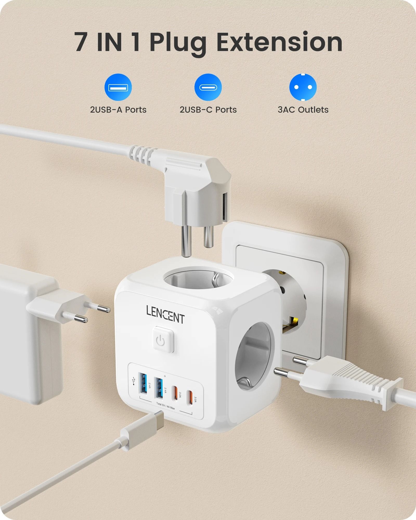 7 in 1 EU Plug Wall Socket Extender with USB A and USB C Ports