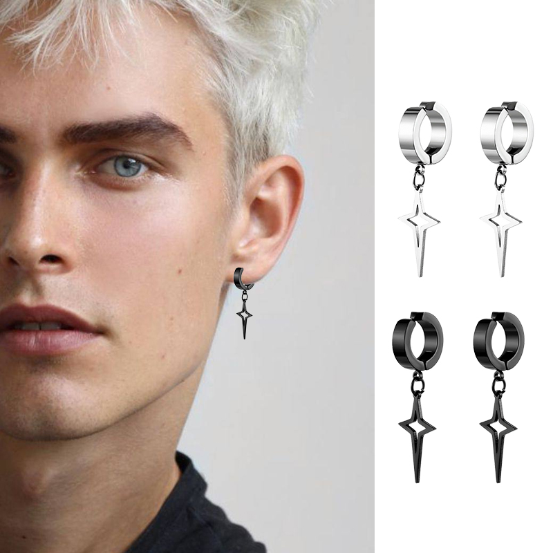 Stainless Steel Fake Non Piercing Earrings for Men, Women with Punk Star Pendant Hoop Jewelry