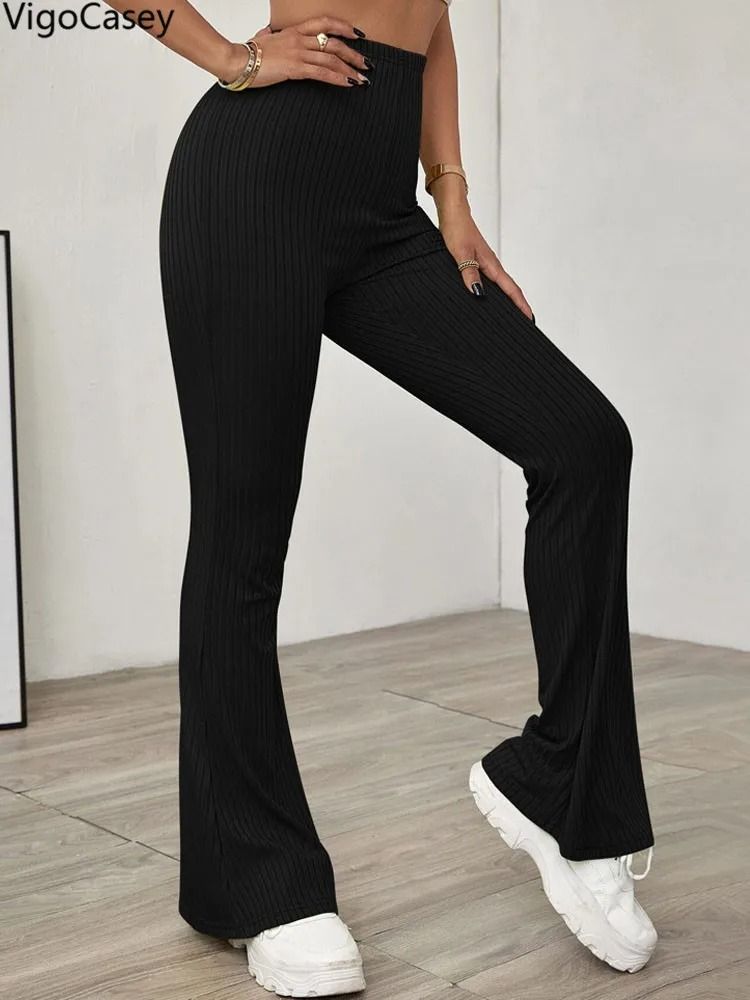 VigoCasey 2025 Casual Knit High Waist Bell Bottom Pants Autumn Winter Solid Office Trousers