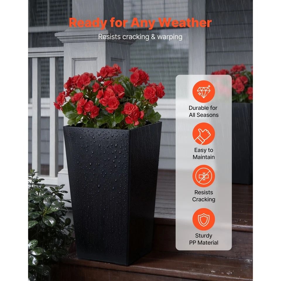 Tall Modern Black Planters Weather-Resistant Pots for Indoor & Outdoor Use