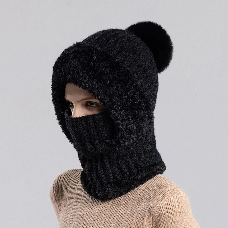 Women's Hooded Knit Balaclava Hat – Winter Velvet Fluffy Ear Protection Neck Warmer