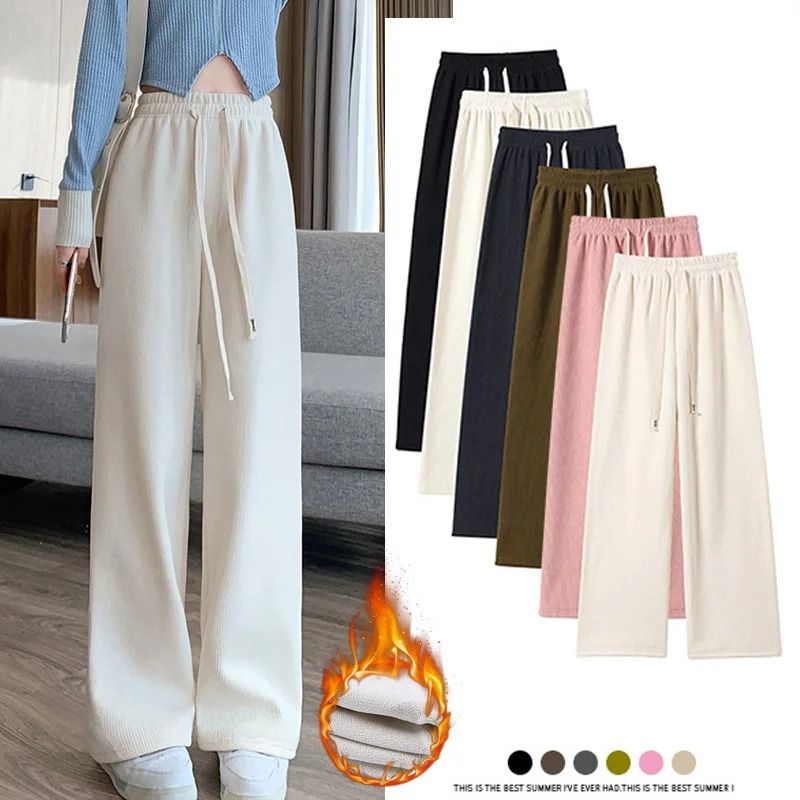 Womens Fleece Wide Leg Pants Warm Elastic Waist Winter Trousers Casual Loose Straight Leg Pants