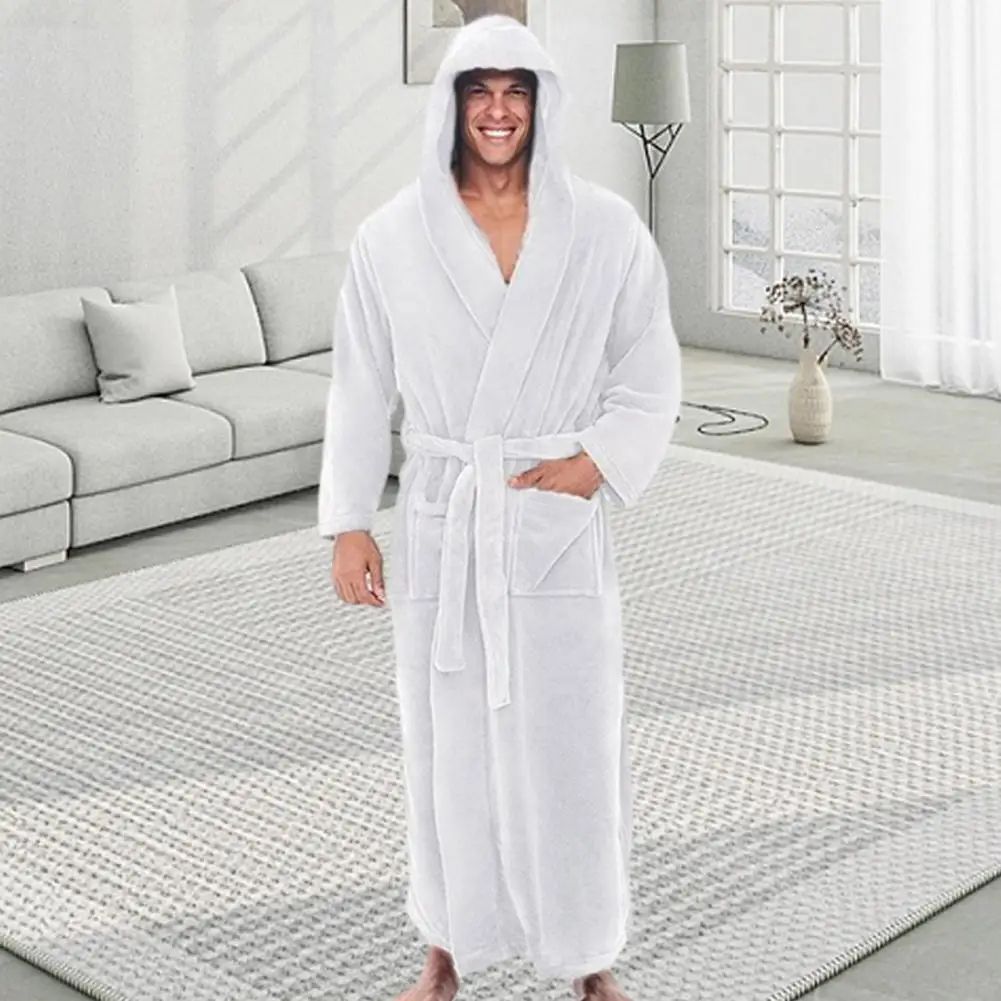 Men's Hooded Flannel Bathrobe Soft Plush Long Lounge Robe Thick Warm Home Sleepwear