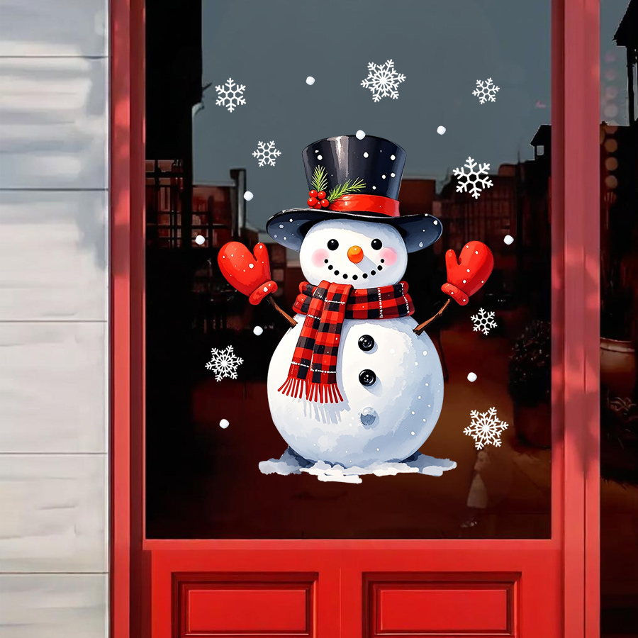 Static Cling Sticker, Christmas Window Sticker, Glass Sticker with Snowman, White Snowflakes, Christmas Hats, Holiday