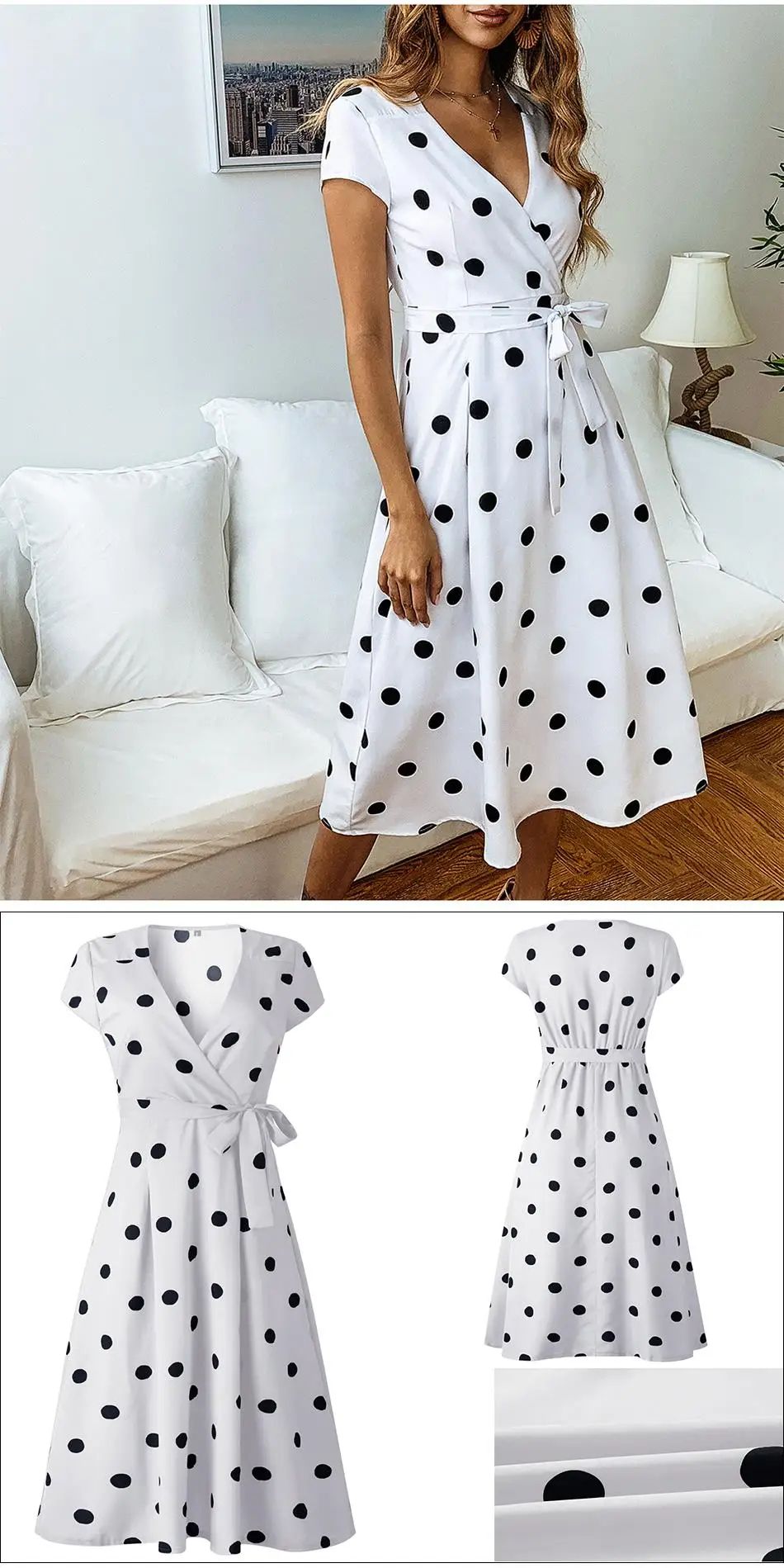 Women White Boho Polka Dot V Neck Summer Maxi Dress