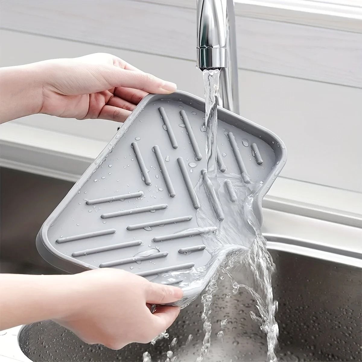 Silicone Sink Tray with Drain Non Slip Soap Sponge Organizer for Kitchen Bathroom