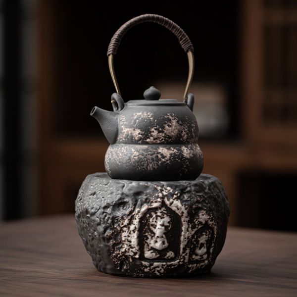 Buddha Tea Warmer Holder, Handmade Wabi Sabi Black Pottery, Kettle Stand, Carbon Furnace Tea Set, Candle Heater