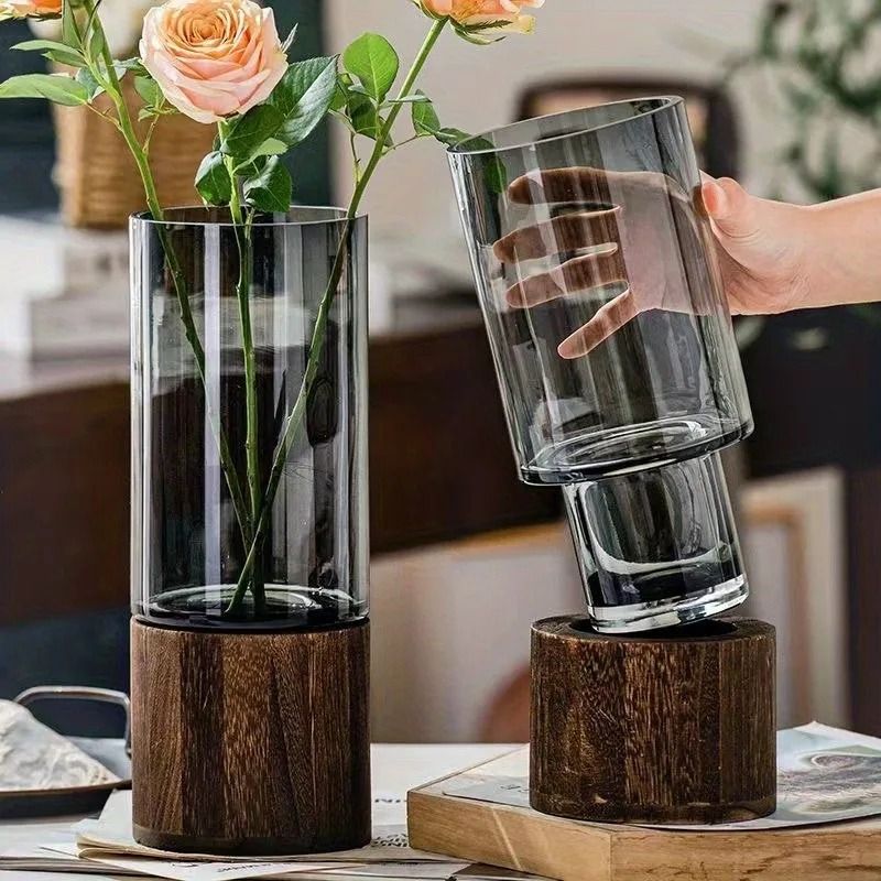 Nordic Style Elegant Glass Vase | Premium Smoked Glass with Solid Wooden Base | Modern Tabletop Floral Decor